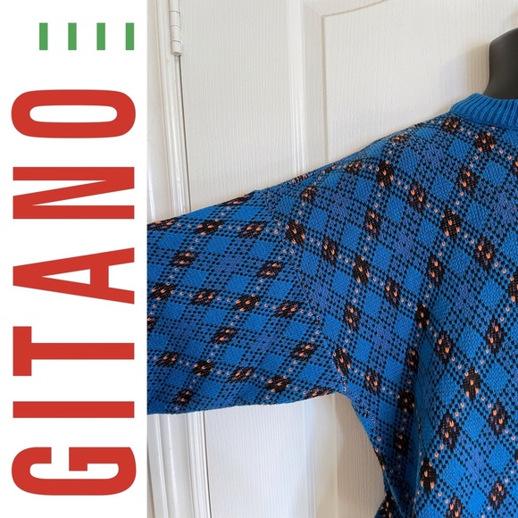 EUC vintage GITANO Sportswear 1990s cotton crewneck dad sweater, blue w/ pattern - Picture 5 of 14